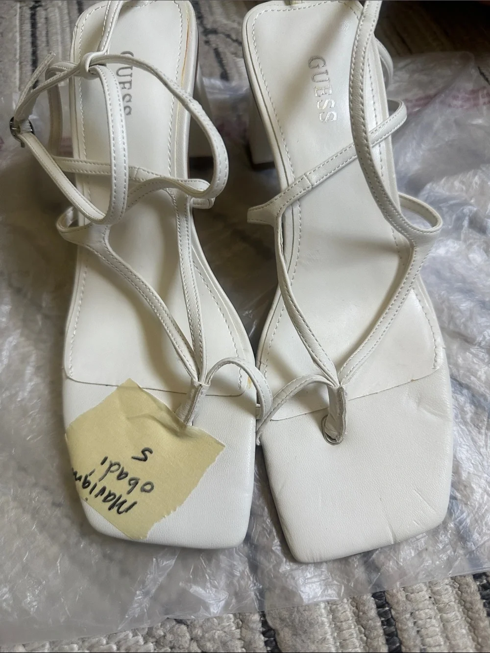 GUESS Cream Strappy Square-Toe Block Heel Sandals
